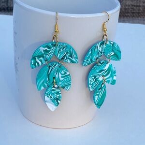 Teal and White Marbled Leaf Statement Earrings Boho Clay Dangles